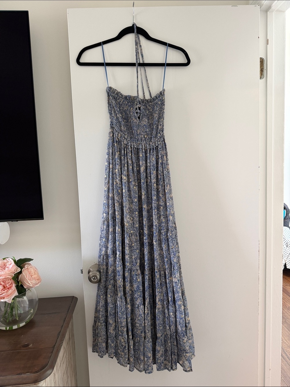 Aqua Blue Floral Smocked Maxi Dress with Spaghetti Straps